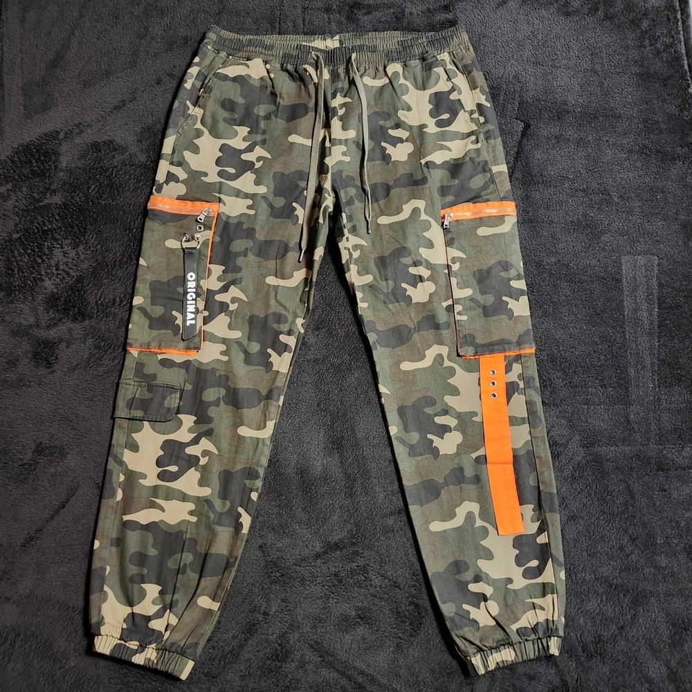 Redfox Mens Camo Cargo Jogger Pants 2XL Green Orange Streetwear Elastic Waist